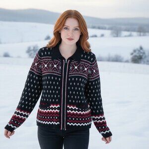 Vintage Black/Red Fair Isle Zip-Up Wool Sweater Casual Corner Size Large